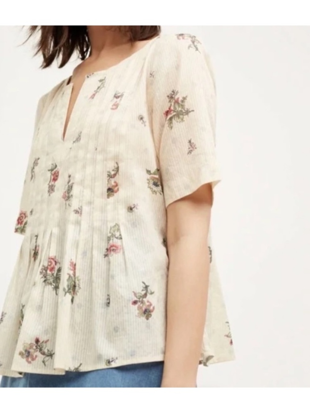 Maeve Orchid Island Floral Cream Pintuck Pleated Top Anthropologie size 2